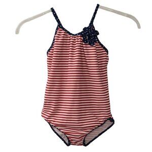 OshKosh B'Gosh One Piece Swimsuit Girls Size 8  Red White Striped Flower Accent